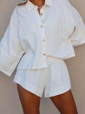 Casual Loose Solid Color Mid-sleeved Top and Shorts Two-piece Suit