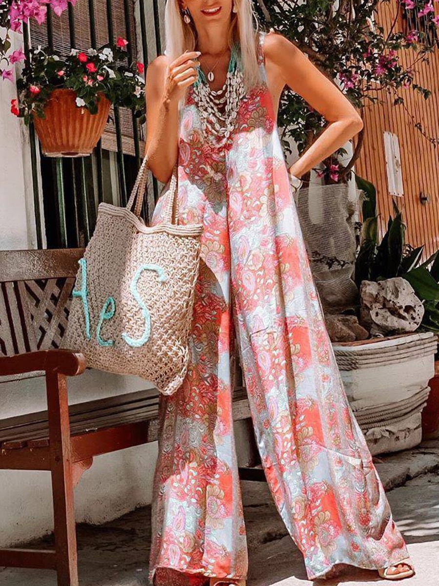 Sleeveless Printed National Style Jumpsuit