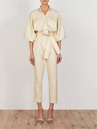 Elegant Solid Color Pocket Collar Jumpsuits