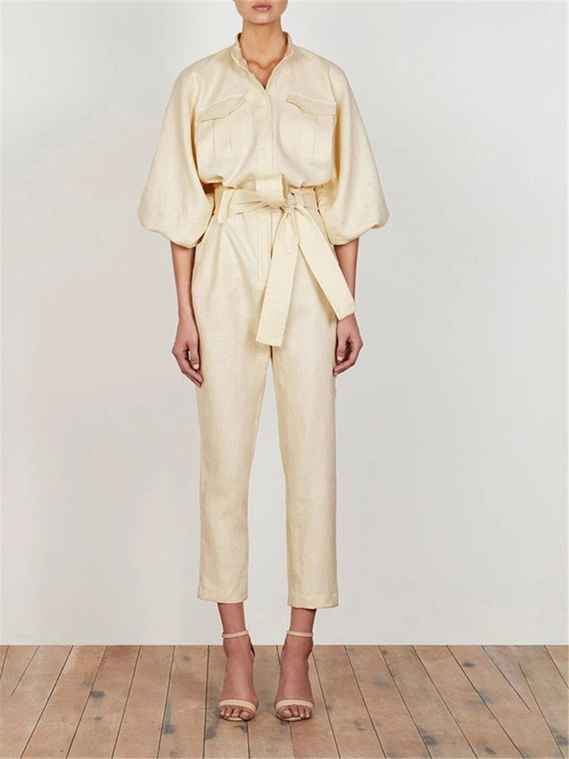 Elegant Solid Color Pocket Collar Jumpsuits