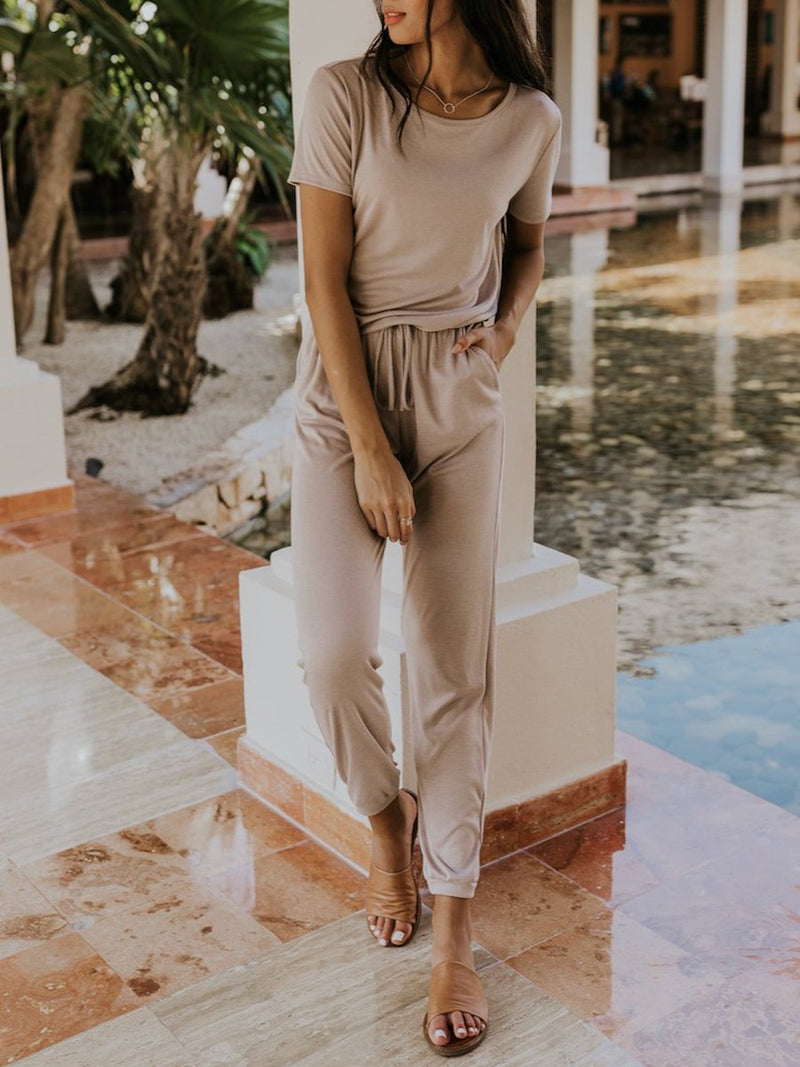 Solid-colored Drawstring Lounge Jumpsuit