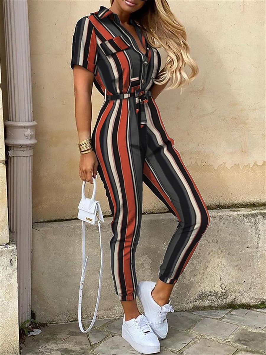 Color Striped Short Sleeve Jumpsuit