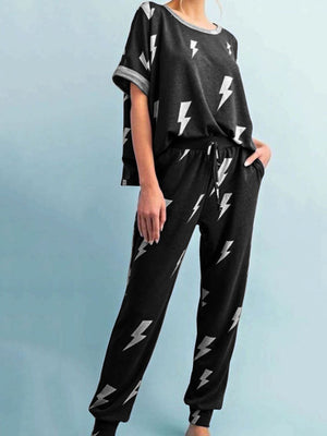 Casual Loose Comfortable Short Sleeve Top Pants Lightning Print Suit