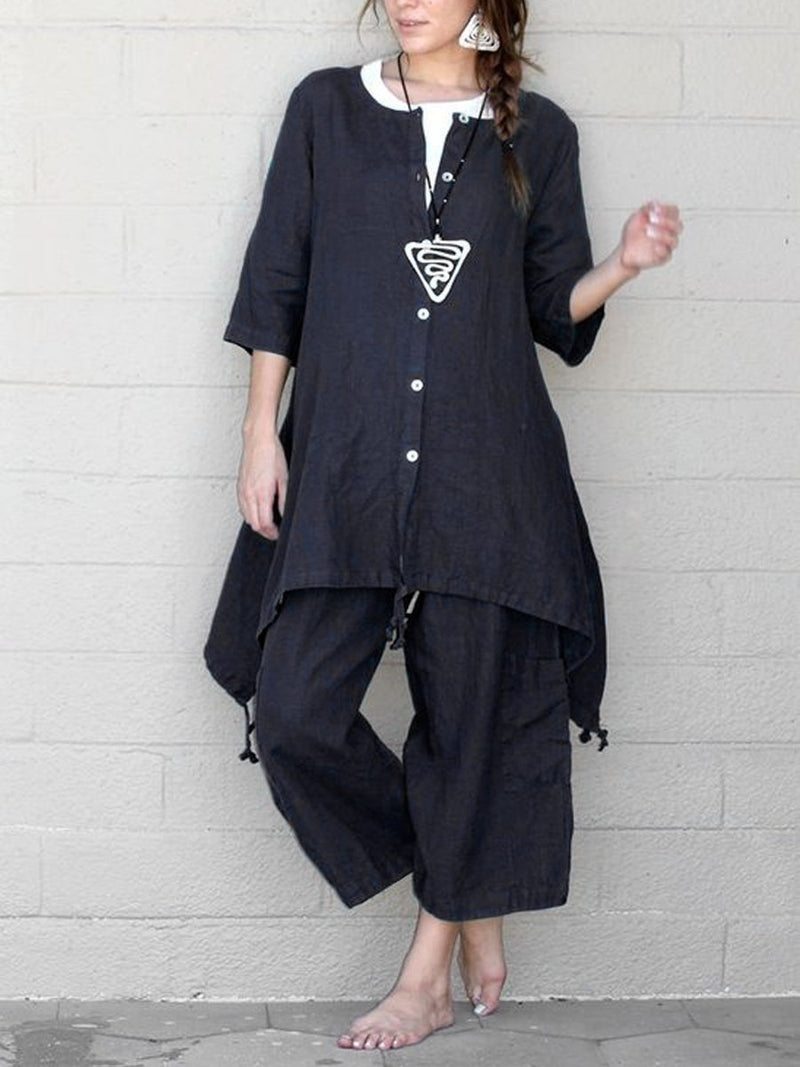 Women's Casual Solid Color Buttoned Linen Suit