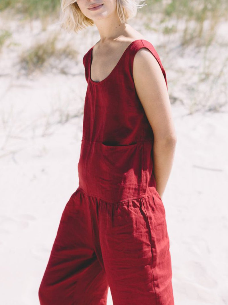 Solid Color Linen Jumpsuit with Pockets