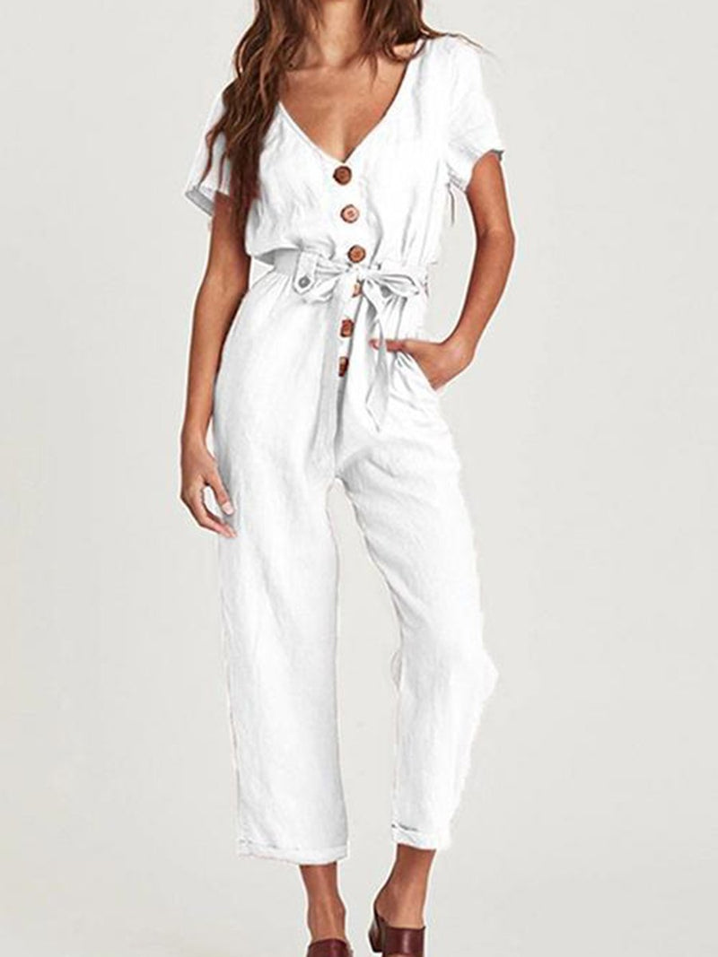 Button V Neck Short Sleeve Jumpsuit