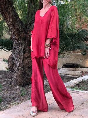 Casual Loose V Neck Top Trouser Suit