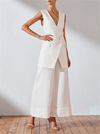 Solid Color Simple V Neck Sleeveless Wide Leg Pants Suit