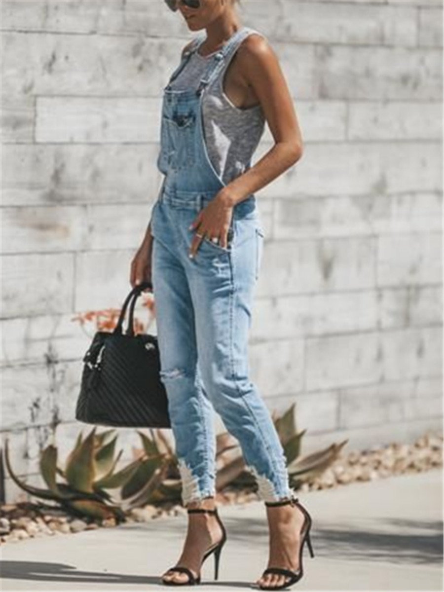 Trendy Ripped Raw Pocket Solid Color Denim Jumpsuit