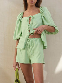 Casual Loose Solid Color Bubble Sleeve Two-piece Suit