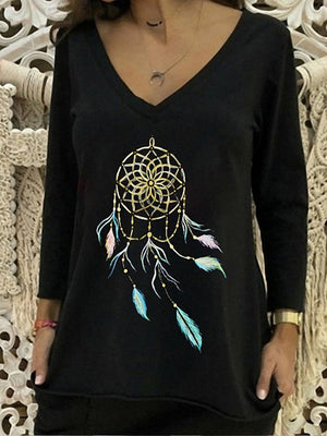 Women's Casual Loose Printed Embroidery V-neck Top