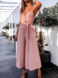 V-Neck Belt Loop Linen Pocket Jumpsuit