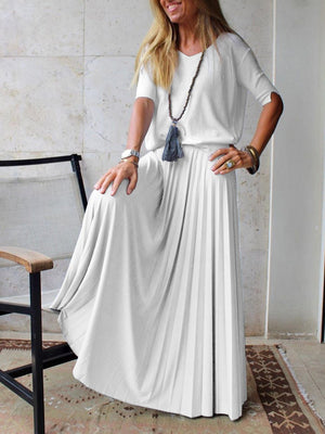 Fashionable Simple Casual Loose Short Sleeve Top Skirt Suit