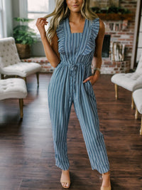 Women Ruffle Detail Lace Up Navy Striped Jumpsuit