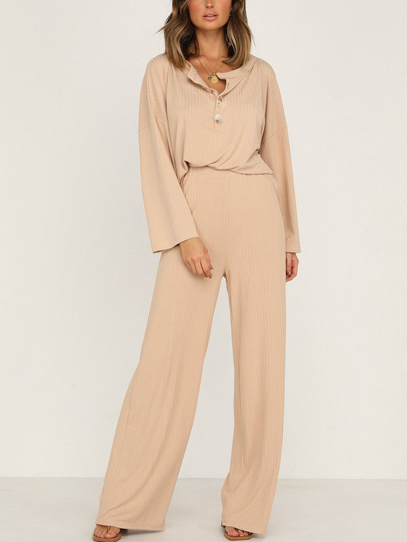 Casual Simple Loose V-Neck Top Pants Set