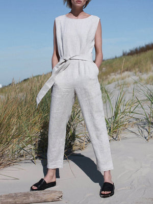 Casual Round Neck Sleeveless Solid Color Jumpsuits