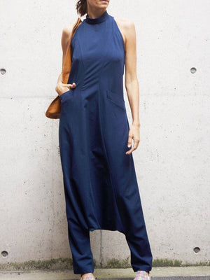 Turtleneck Sleeveless Solid Color Jumpsuit