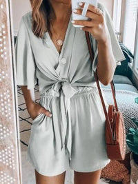 V-neck Solid Color Lace-up Jumpsuit