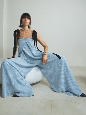 Women's Fashion Blue Knitted Tied Wide Loose Jumpsuit