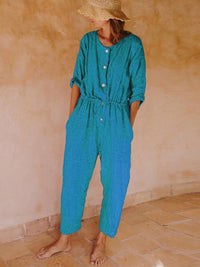 Solid Round Neck Casual Jumpsuit Rompers