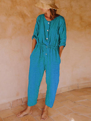 Solid Round Neck Casual Jumpsuit Rompers