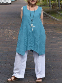 Linen W Hem Vest Top And Solid Color Casual Trouser Suit