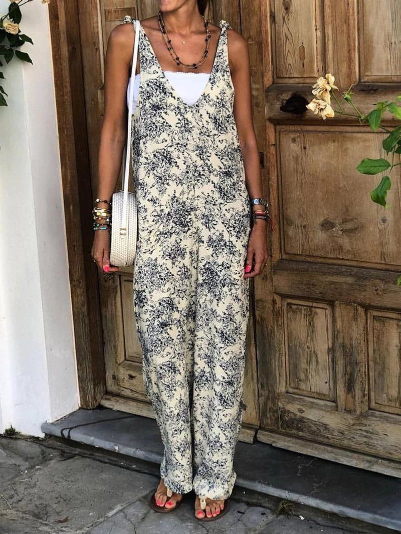 Deep V Printed Loose Jumpsuit