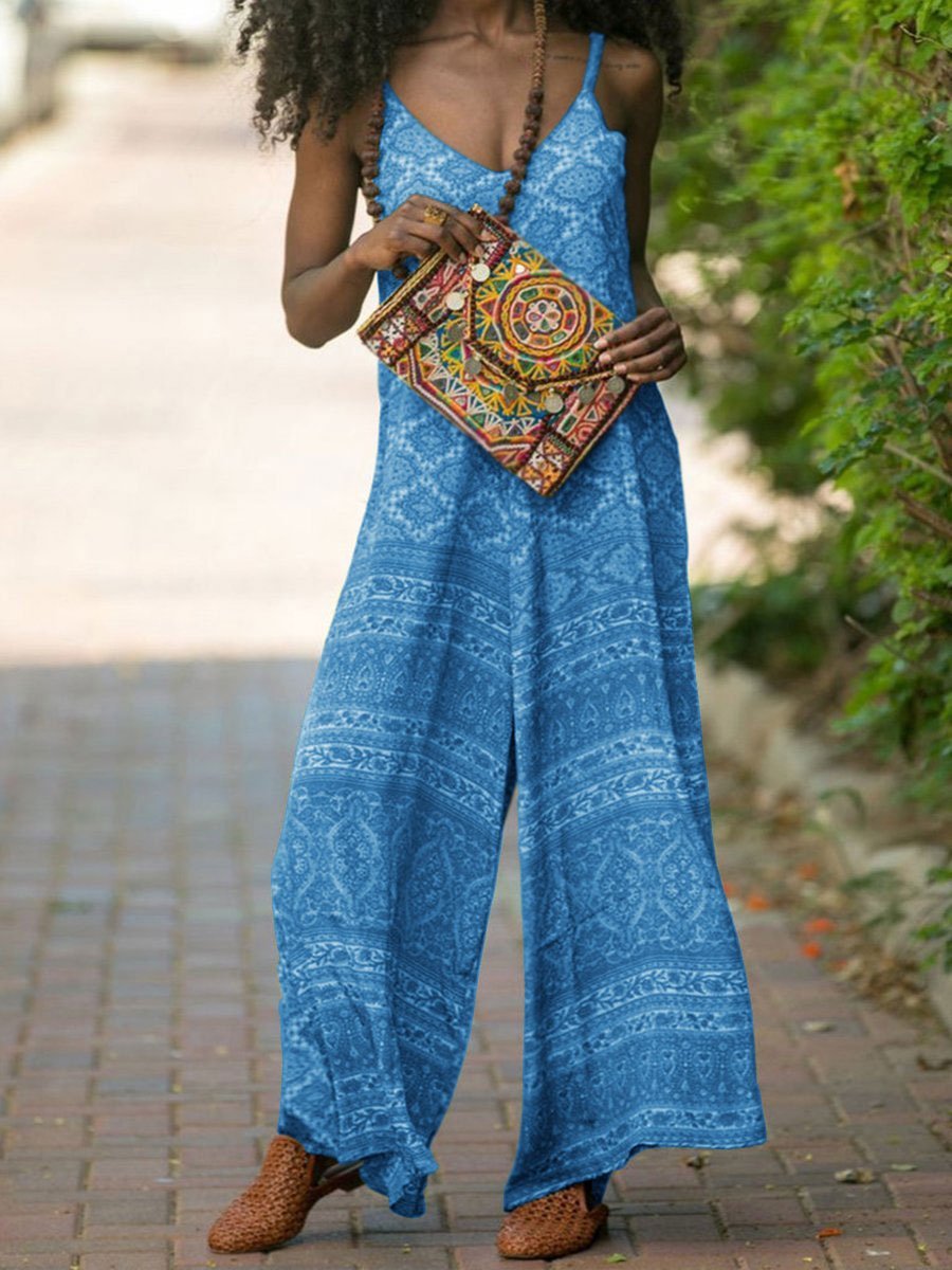 Boho Cotton-Blend V Neck Jumpsuit One-Pieces