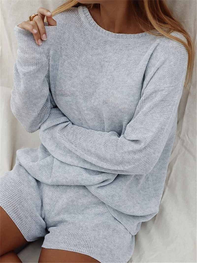 Casual Loose Long-Sleeved Top Shorts Knitted Suit