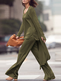 Casual Three-Piece Pure Color Sling Tops Trousers Long Coat Women's Suit