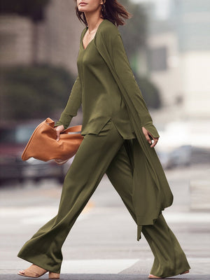 Casual Three-Piece Pure Color Sling Tops Trousers Long Coat Women's Suit