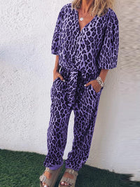 Retro Casual Loose V-Neck Short-Sleeved Shirt Pants Leopard Print Suit