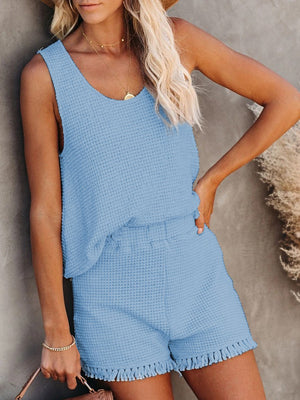 Casual Loose Solid Color Tassel Short Sleeve Two-piece Suit