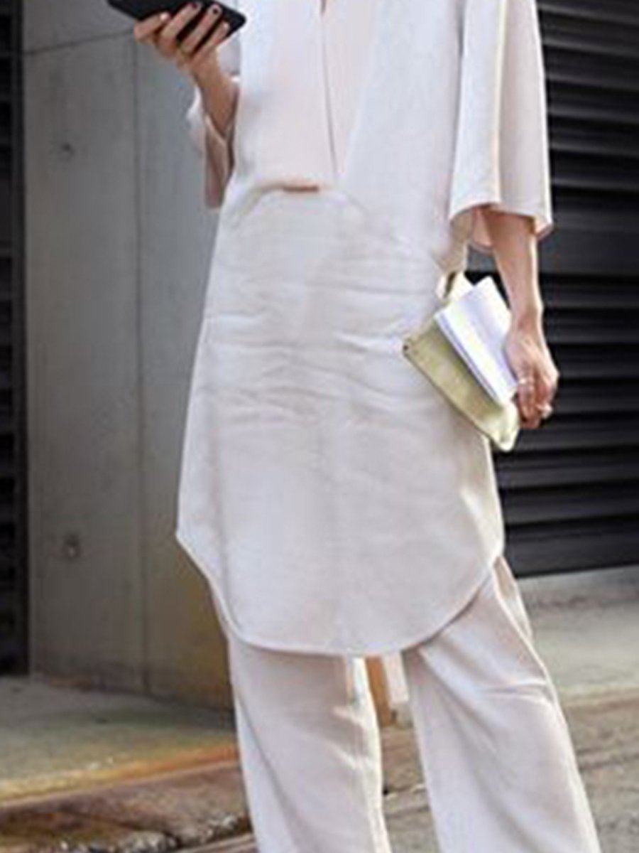 Solid Color Cotton And Linen Loose Casual Simple Women'S Suit