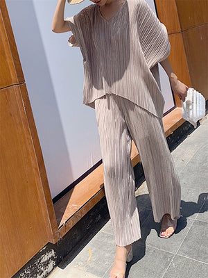 Simple Casual Loose And Comfortable V Neck Top Pants Suit