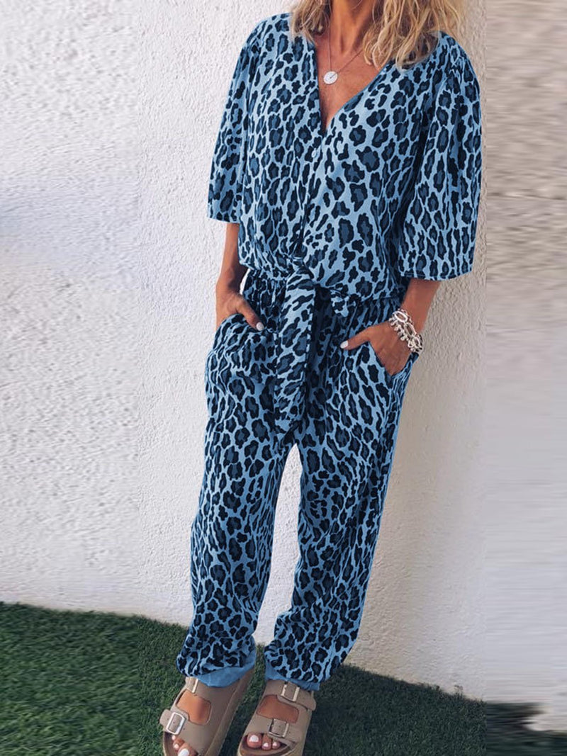 Retro Casual Loose V-Neck Short-Sleeved Shirt Pants Leopard Print Suit