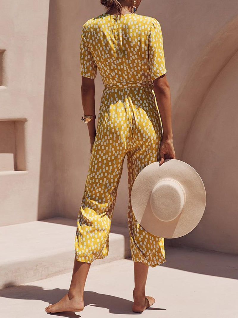 V-Neck Belt Polka Dot Printed Jumpsuit