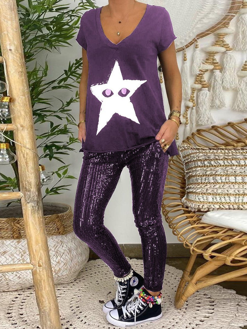 Fashion Casual Loose Star Top Sequin Pants Set