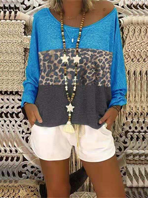 Women's Leopard Print Long Sleeve T-Shirt And Solid Color Shorts Set