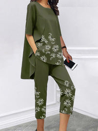 Loose Short-sleeved Casual Printed Short-sleeved Tops Cropped Trousers Two-piece Suit