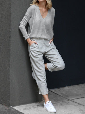 Casual and Comfortable V-neck Solid Two-piece Suit