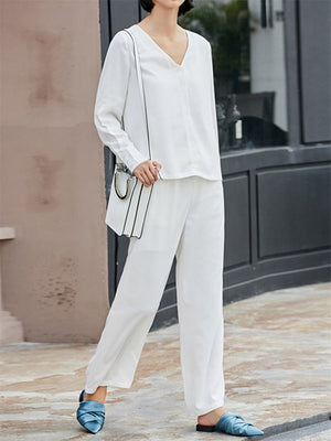 Simple Casual Loose And Comfortable V Neck Top Pants Suit