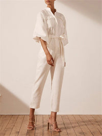 Elegant Solid Color Pocket Collar Jumpsuits