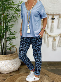 V-neck Lace Top Leopard Pants Casual Suit