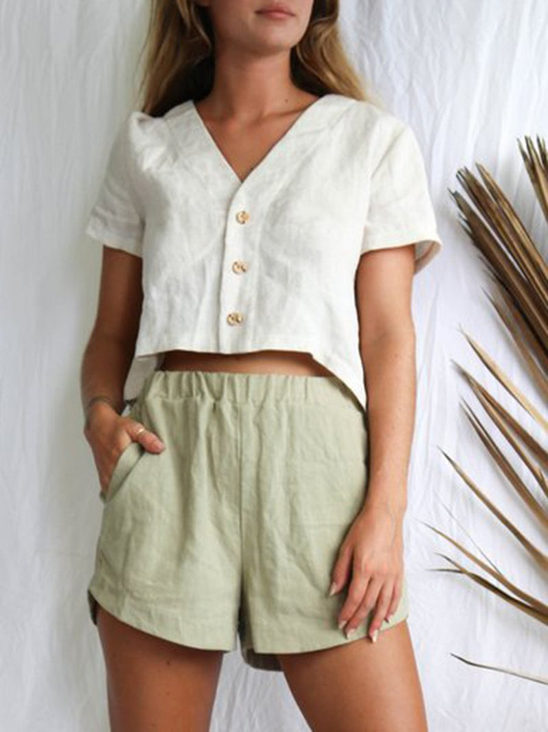 V-Neck Button Short Sleeve Top Linen Shorts Women's Suit Two-Piece