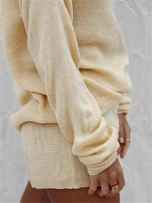 Casual Loose Long-Sleeved Top Shorts Knitted Suit