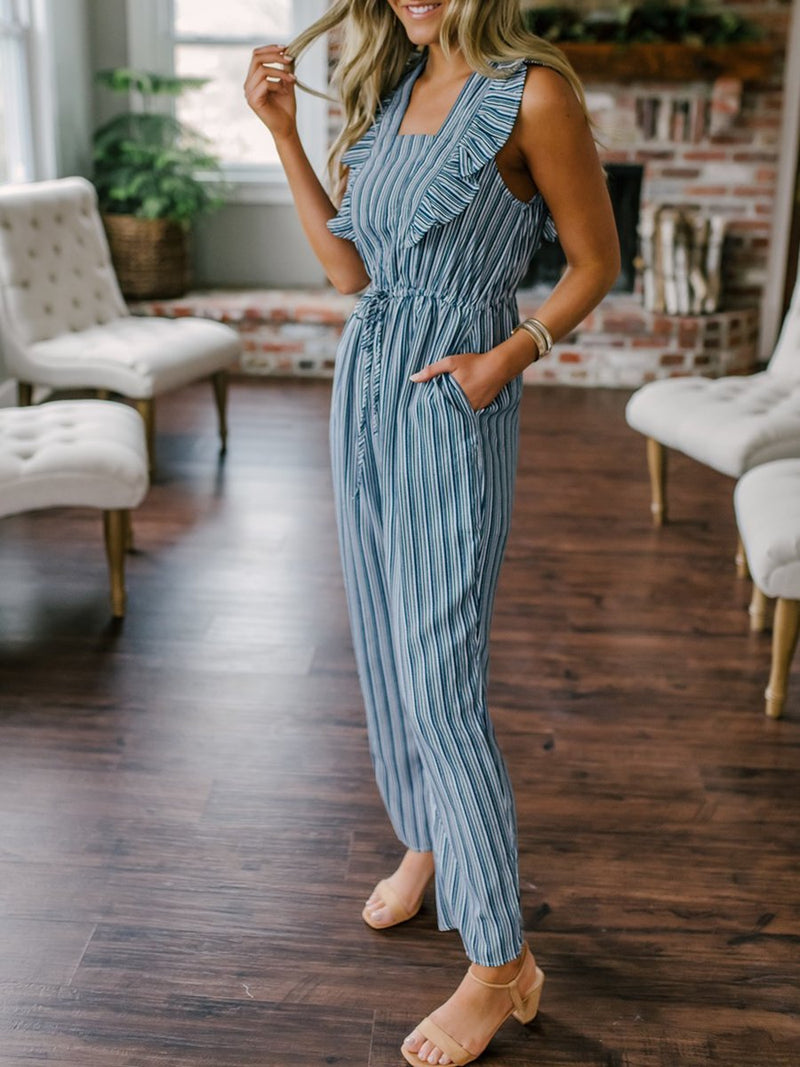 Women Ruffle Detail Lace Up Navy Striped Jumpsuit