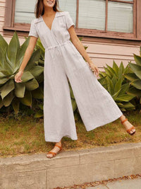 V Neck Lace-Up Linen Jumpsuit