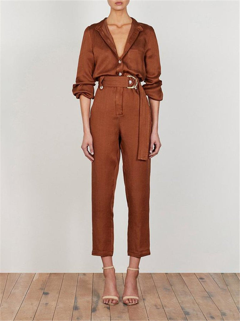 Simple Solid Color Collar Pocket Jumpsuits