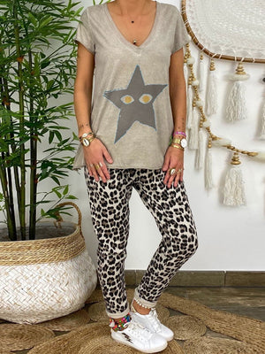 Simple Casual Loose Top Leopard Pants Set